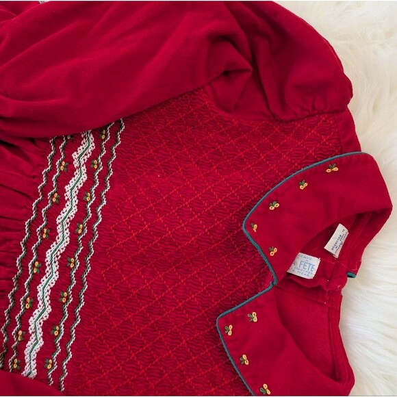 Vintage Vive La Fete Red Holiday Christmas Dress Smocked Embroidered Girls 6 - Picture 2 of 5